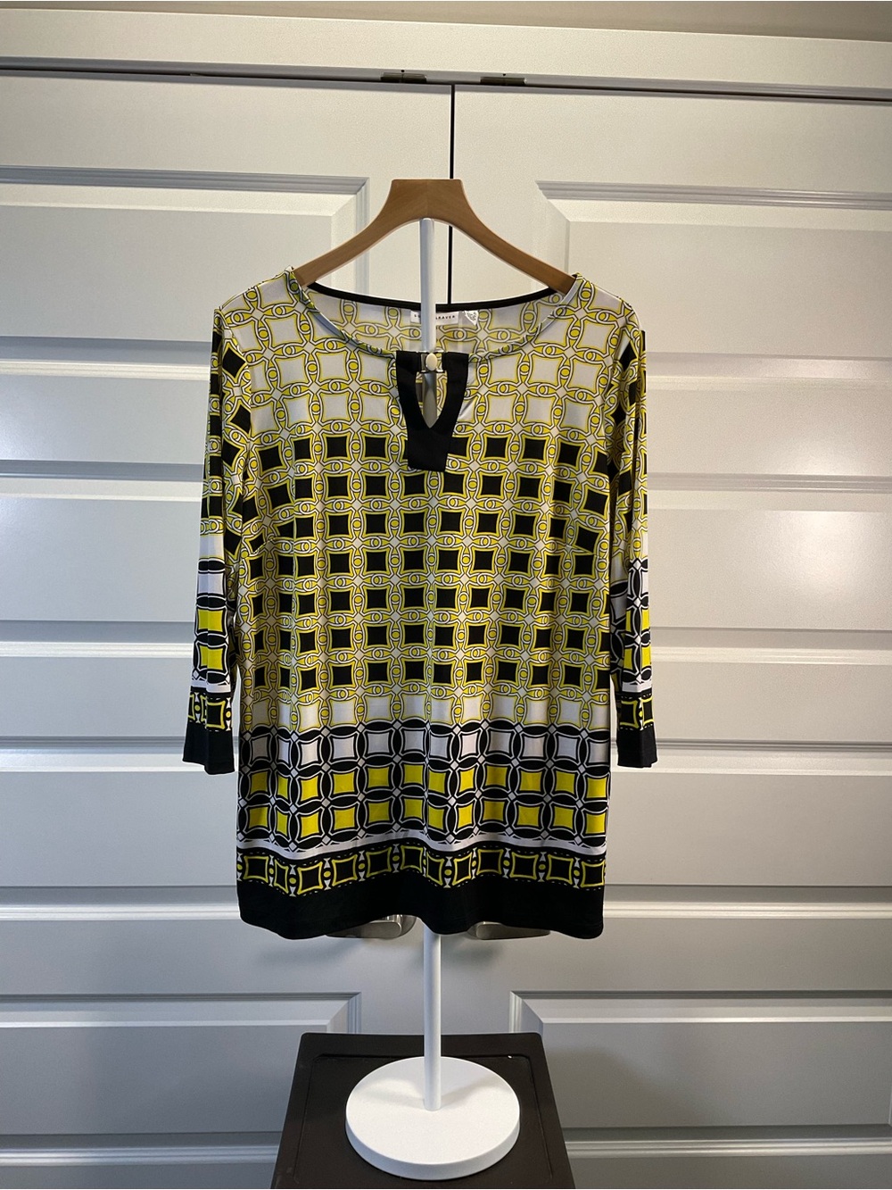 Susan Graver Yellow Black Geometric 3/4 Sleeve Tunic